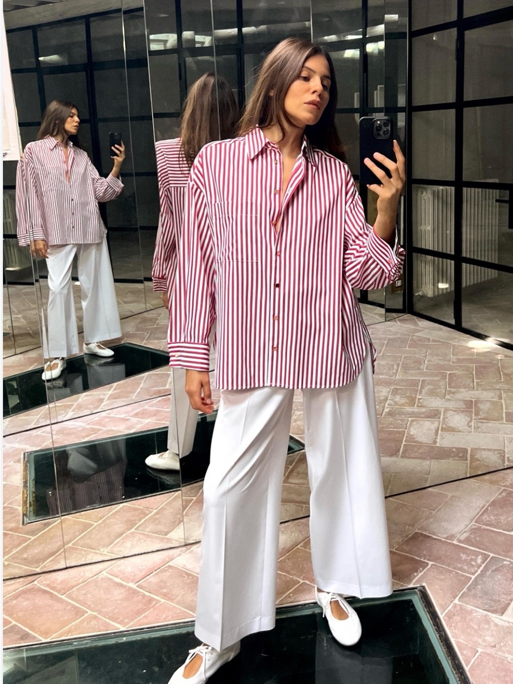 Zara Oversized Red White Striped Button Down Shirt Blouse Size S Gold Button